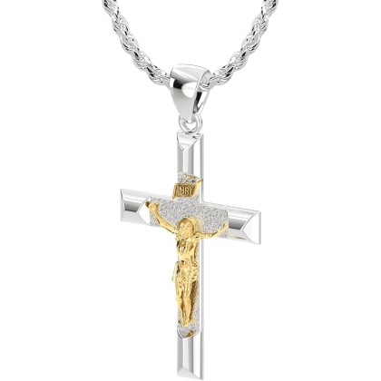 Ladies 32mm 925 Sterling Silver High Polished Crucifix Cross Pendant Necklace, 18in to 24in