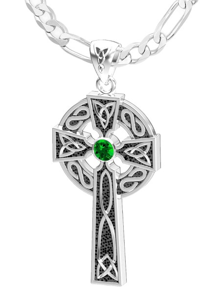 Men's 1.5in 925 Sterling Silver Simulated Emerald May Birthstone Irish Celtic Knot Cross Pendant Necklace, 22in to 26in