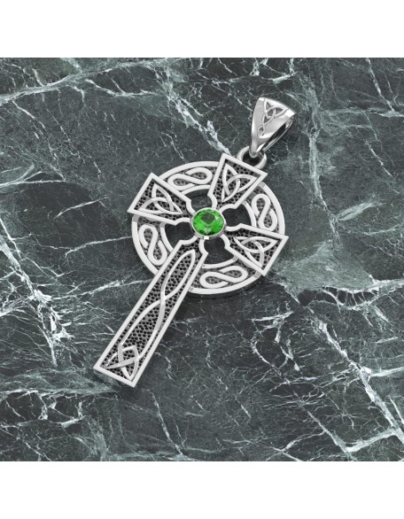 Men's 1.5in 925 Sterling Silver Simulated Emerald May Birthstone Irish Celtic Knot Cross Pendant Necklace, 22in to 26in