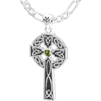 Men's 1.5in 925 Sterling Silver Genuine Peridot August Birthstone Irish Celtic Knot Cross Pendant Necklace, 22in to 26in