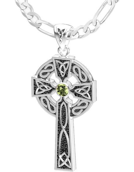 Men's 1.5in 925 Sterling Silver Genuine Peridot August Birthstone Irish Celtic Knot Cross Pendant Necklace, 22in to 26in