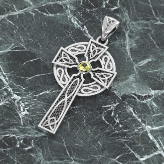 Men's 1.5in 925 Sterling Silver Genuine Peridot August Birthstone Irish Celtic Knot Cross Pendant Necklace, 22in to 26in