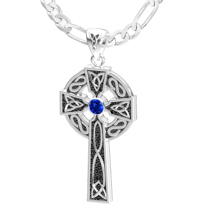 Men's 1.5in 925 Sterling Silver Synthetic Sapphire September Birthstone Irish Celtic Knot Cross Pendant Necklace, 22in to 26in