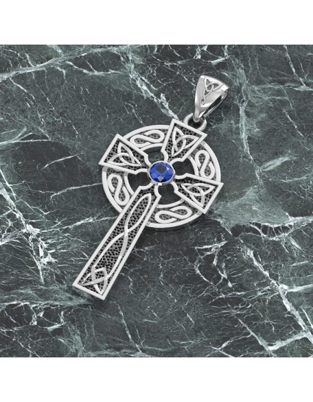 Men's 1.5in 925 Sterling Silver Synthetic Sapphire September Birthstone Irish Celtic Knot Cross Pendant Necklace, 22in to 26in