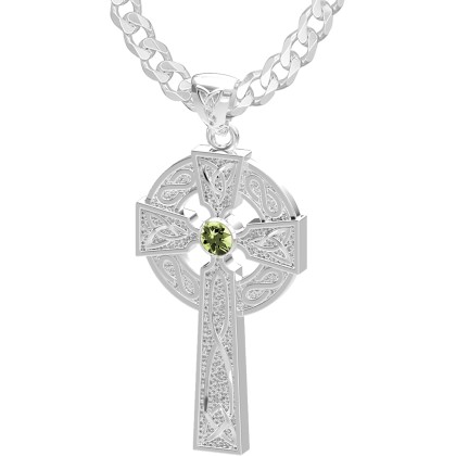 Men's Polished 1.5in 925 Sterling Silver Genuine Peridot August Birthstone Irish Celtic Knot Cross Pendant Necklace, 22in to 26in