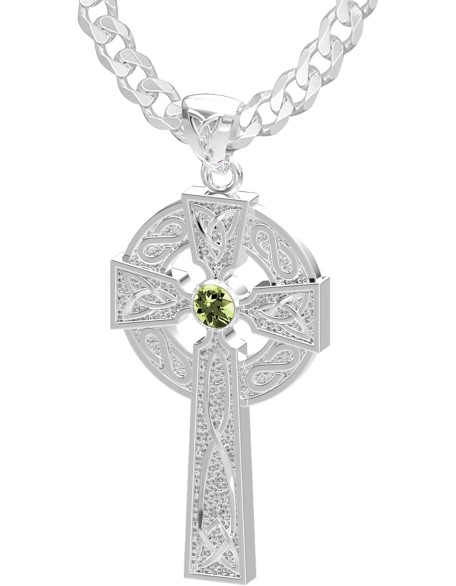 Men's Polished 1.5in 925 Sterling Silver Genuine Peridot August Birthstone Irish Celtic Knot Cross Pendant Necklace, 22in to 26in