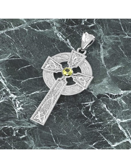 Men's Polished 1.5in 925 Sterling Silver Genuine Peridot August Birthstone Irish Celtic Knot Cross Pendant Necklace, 22in to 26in