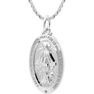 Ladies 26mm Polished 925 Sterling Silver Large Virgin Mary Pendant Necklace, 18in to 24in