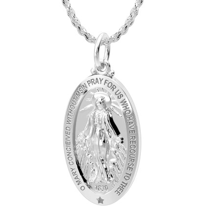 Ladies 26mm Polished 925 Sterling Silver Large Virgin Mary Pendant Necklace, 18in to 24in