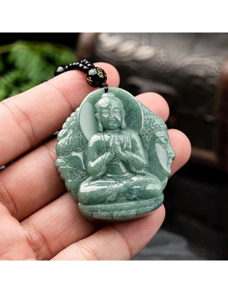 Natural Jade Buddha Necklace Pendant Certified Grade A Untreated Burmese Jadeite Hand Carved Tathagata Amulet for Men and Women