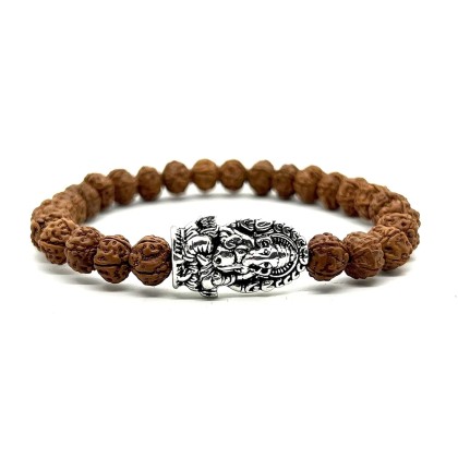 Rudraksha Beads Stretchable Bracelet - 8mm Real Chikna Rudraksh Beads - w/God Ganesha Ganesh Ganpati - Wrist Size 7.5 Inches