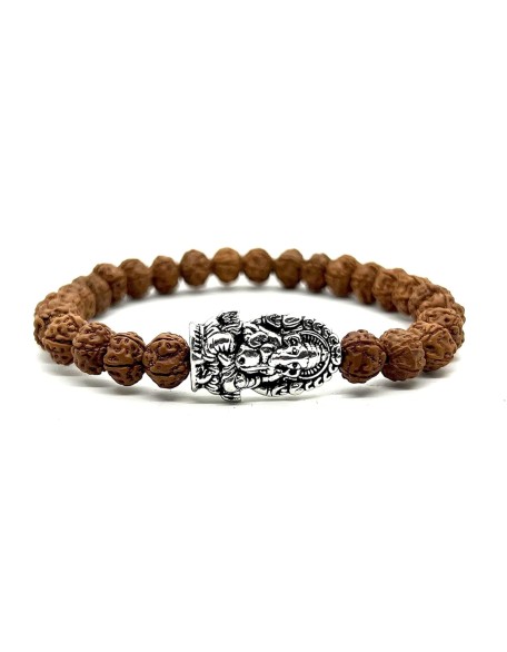 Rudraksha Beads Stretchable Bracelet - 8mm Real Chikna Rudraksh Beads - w/God Ganesha Ganesh Ganpati - Wrist Size 7.5 Inches