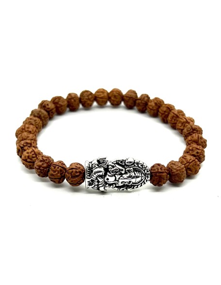 Rudraksha Beads Stretchable Bracelet - 8mm Real Chikna Rudraksh Beads - w/God Ganesha Ganesh Ganpati - Wrist Size 7.5 Inches