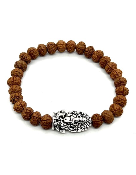 Rudraksha Beads Stretchable Bracelet - 8mm Real Chikna Rudraksh Beads - w/God Ganesha Ganesh Ganpati - Wrist Size 7.5 Inches