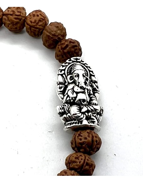 Rudraksha Beads Stretchable Bracelet - 8mm Real Chikna Rudraksh Beads - w/God Ganesha Ganesh Ganpati - Wrist Size 7.5 Inches