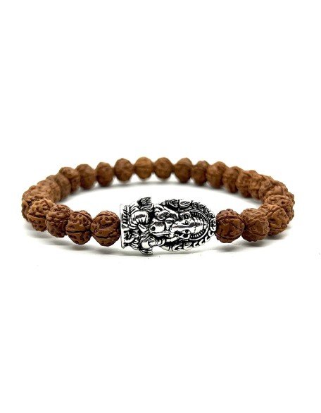 Rudraksha Beads Stretchable Bracelet - 8mm Real Chikna Rudraksh Beads - w/God Ganesha Ganesh Ganpati - Wrist Size 7.5 Inches