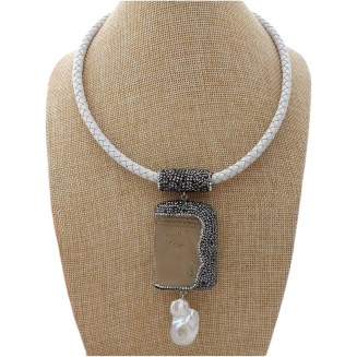 19inch White Leather Chokers Necklace Keshi Pearl Clear Crystal Buddha Pendant Religious Style Joyous