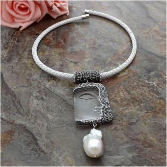 19inch White Leather Chokers Necklace Keshi Pearl Clear Crystal Buddha Pendant Religious Style Joyous