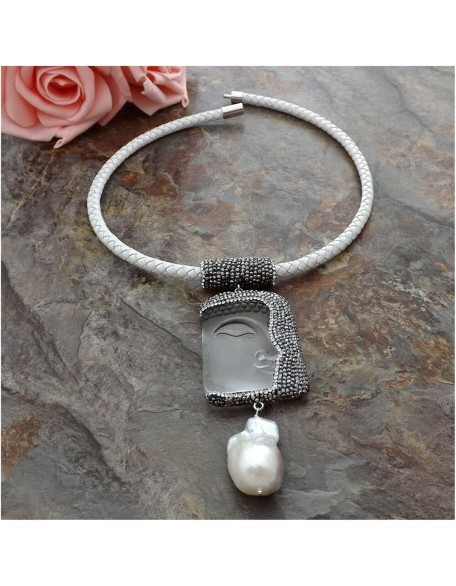 19inch White Leather Chokers Necklace Keshi Pearl Clear Crystal Buddha Pendant Religious Style Joyous