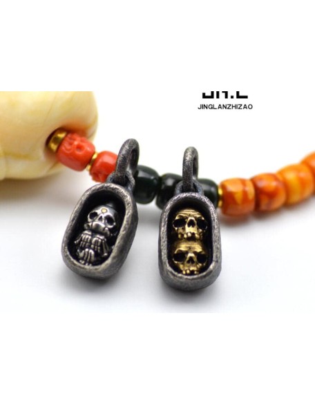 Chinese Vintage 925 Silver Skeleton Skull Buddha Beads Pendant Necklace Men Women Collectables Jewelry Accessories Gift