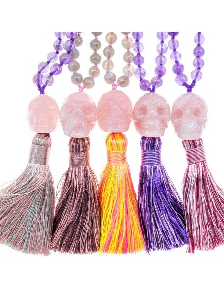 Eternal Love Rose Quartz Crystal Skull Necklace 108 Mala Beads Bracelet Real Healing Gemstone Yoga Meditation Hand-Knotted Mala Prayer Beads Necklace with Tassel