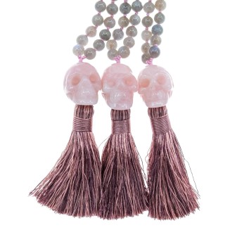 Eternal Love Rose Quartz Crystal Skull Necklace 108 Mala Beads Bracelet Real Healing Gemstone Yoga Meditation Hand-Knotted Mala Prayer Beads Necklace with Tassel