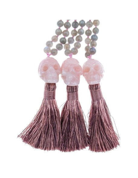 Eternal Love Rose Quartz Crystal Skull Necklace 108 Mala Beads Bracelet Real Healing Gemstone Yoga Meditation Hand-Knotted Mala Prayer Beads Necklace with Tassel