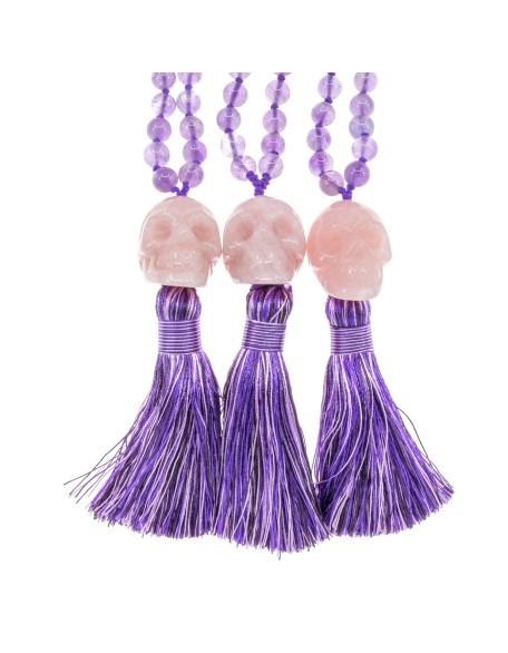 Eternal Love Rose Quartz Crystal Skull Necklace 108 Mala Beads Bracelet Real Healing Gemstone Yoga Meditation Hand-Knotted Mala Prayer Beads Necklace with Tassel