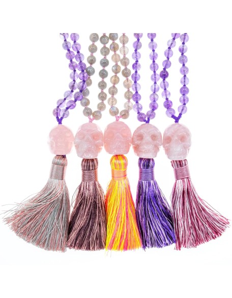 Eternal Love Rose Quartz Crystal Skull Necklace 108 Mala Beads Bracelet Real Healing Gemstone Yoga Meditation Hand-Knotted Mala Prayer Beads Necklace with Tassel