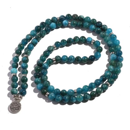 8mm Apatite Beaded Elastic Cord Wrap Bracelet 108 Mala Meditation Prayer Rosary Lotus Buddha OM Charm Jewelry for Men and Women YZ5JM (8mm Apatite-OM)