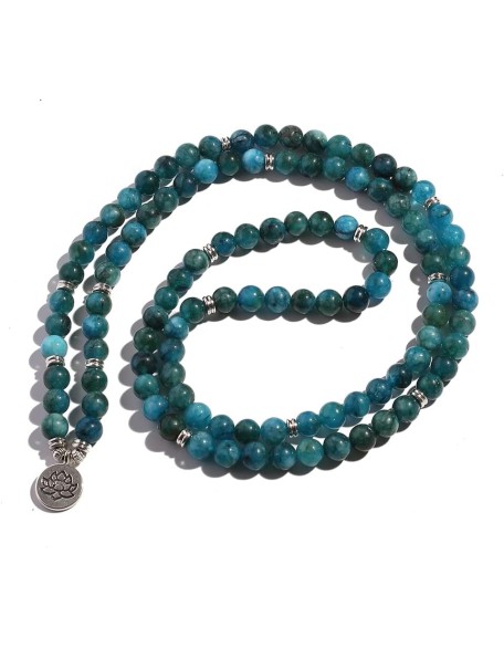 8mm Apatite Beaded Elastic Cord Wrap Bracelet 108 Mala Meditation Prayer Rosary Lotus Buddha OM Charm Jewelry for Men and Women YZ5JM (8mm Apatite-OM)