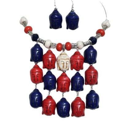 Carved Red Blue White Gemstone Multi-Buddha Handmade Necklace Earrings