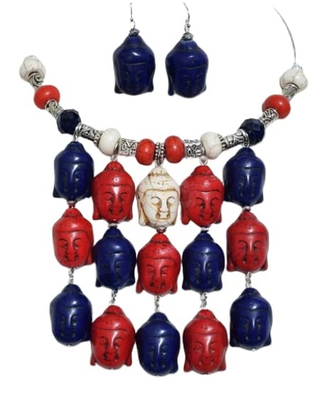 Carved Red Blue White Gemstone Multi-Buddha Handmade Necklace Earrings