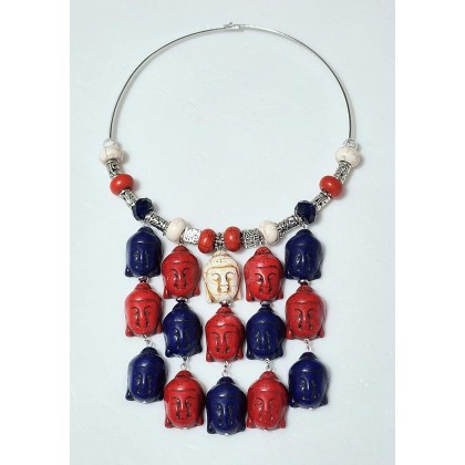 Carved Red Blue White Gemstone Multi-Buddha Handmade Necklace Earrings