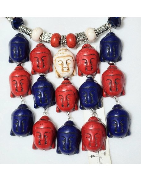 Carved Red Blue White Gemstone Multi-Buddha Handmade Necklace Earrings