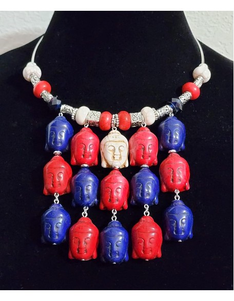 Carved Red Blue White Gemstone Multi-Buddha Handmade Necklace Earrings