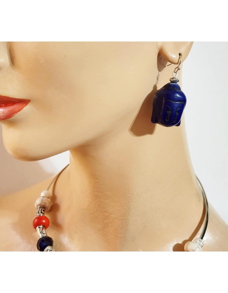 Carved Red Blue White Gemstone Multi-Buddha Handmade Necklace Earrings