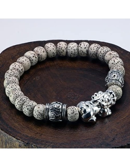 Dragon Bracelet Natural Gemstone and Tibetan Silver, Pixiu Bracelet, Feng Shui Bracelet, Sterling Silver, Six Words OM Beads Buddha Jewelry