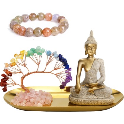 Buddha Statue and Crystal Tree, Yoga Meditation and Zen Decor, Sitting Statue of Sakyamuni in Thailand(4.3 in), for Office, Desktop, Spirit Room Home Decor