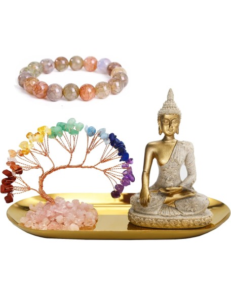 Buddha Statue and Crystal Tree, Yoga Meditation and Zen Decor, Sitting Statue of Sakyamuni in Thailand(4.3 in), for Office, Desktop, Spirit Room Home Decor