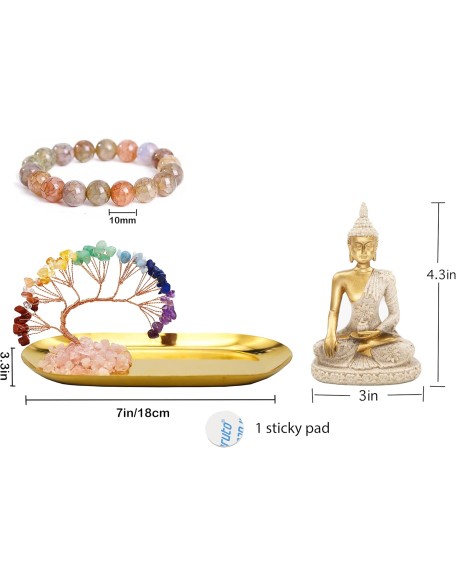 Buddha Statue and Crystal Tree, Yoga Meditation and Zen Decor, Sitting Statue of Sakyamuni in Thailand(4.3 in), for Office, Desktop, Spirit Room Home Decor