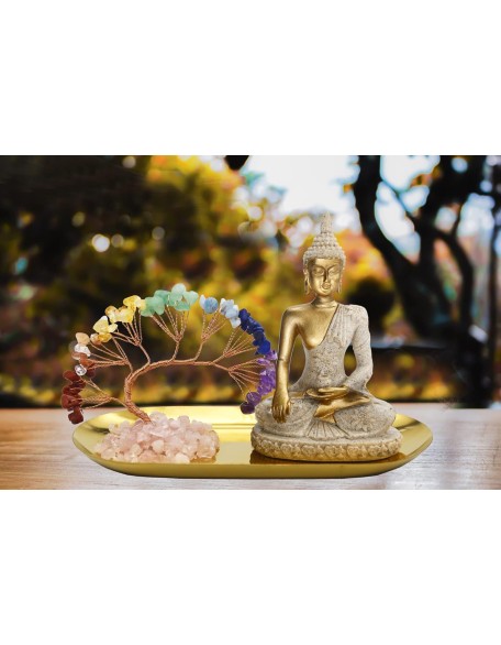 Buddha Statue and Crystal Tree, Yoga Meditation and Zen Decor, Sitting Statue of Sakyamuni in Thailand(4.3 in), for Office, Desktop, Spirit Room Home Decor