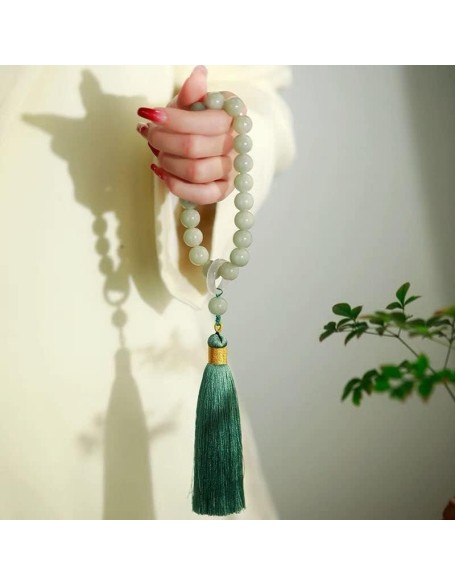 Green Jade Stone 12mm Beads Tassel Bracelet Necklace Tibetan Buddhist Mala Buddha Charm Rosary Yoga Men Woman Jewelry 0536Z (F)