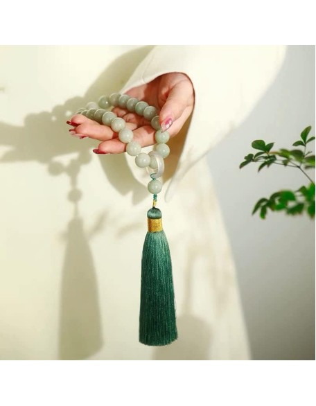 Green Jade Stone 12mm Beads Tassel Bracelet Necklace Tibetan Buddhist Mala Buddha Charm Rosary Yoga Men Woman Jewelry 0536Z (F)