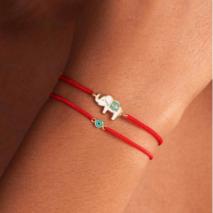 - Spiritual Strength - Women's 18K Gold Plated Brass Elephant & Evil Eye Charm Red String Adjustable Bracelet To Bring Energies of Beauty Handmade in Bali