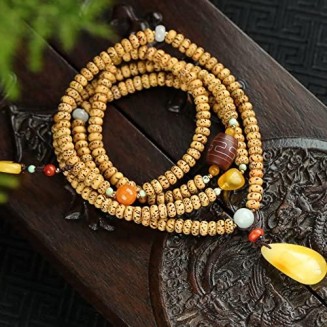 Hand-Made Finely Prayer Beads Buddha Beads Bracelets, Four-Circle superimposed Xingyue Bodhi Beads Bracelet, Natural Jadeite and Beeswax Pendant Necklace (35mm)