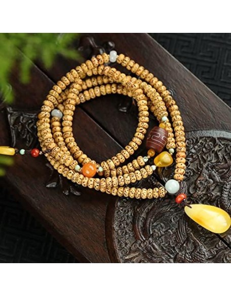 Hand-Made Finely Prayer Beads Buddha Beads Bracelets, Four-Circle superimposed Xingyue Bodhi Beads Bracelet, Natural Jadeite and Beeswax Pendant Necklace (35mm)