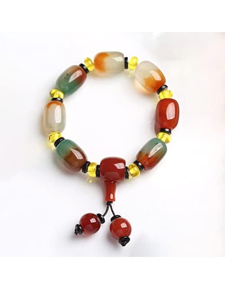 Bracelets for Women, Tibetan Agate Bracelet Bangle, Peacock Agate Barrel Bead red Agate Buddha Head Bracelet, Passepartout Agate Bracelet Auspicious Gifts for Mother Jewelry (1813mm)