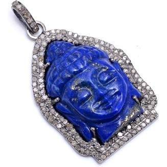 925 Sterling Silver Diamond Lapis Lazuli Buddha carved figure Pendant Jewelry,Diamond Buddha Pendant,Diamond Buddha