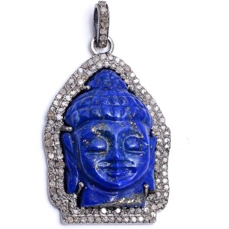 925 Sterling Silver Diamond Lapis Lazuli Buddha carved figure Pendant Jewelry,Diamond Buddha Pendant,Diamond Buddha